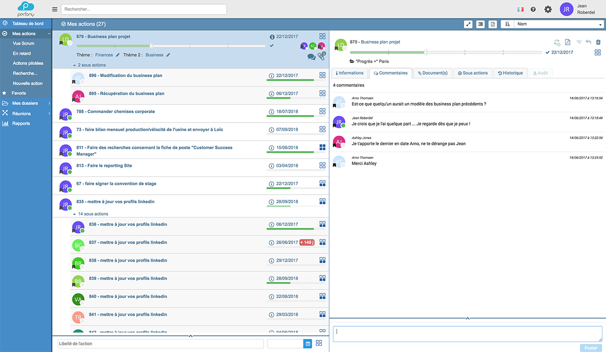 Perfony - Accedi a tutte le tue azioni in un unico luogo. Nessun altro tabelle di Excel. Ora è possibile creare filtri per visualizzare solo le vostre azioni, o quelli del vostro team, o quelli in ritardo, ecc ...