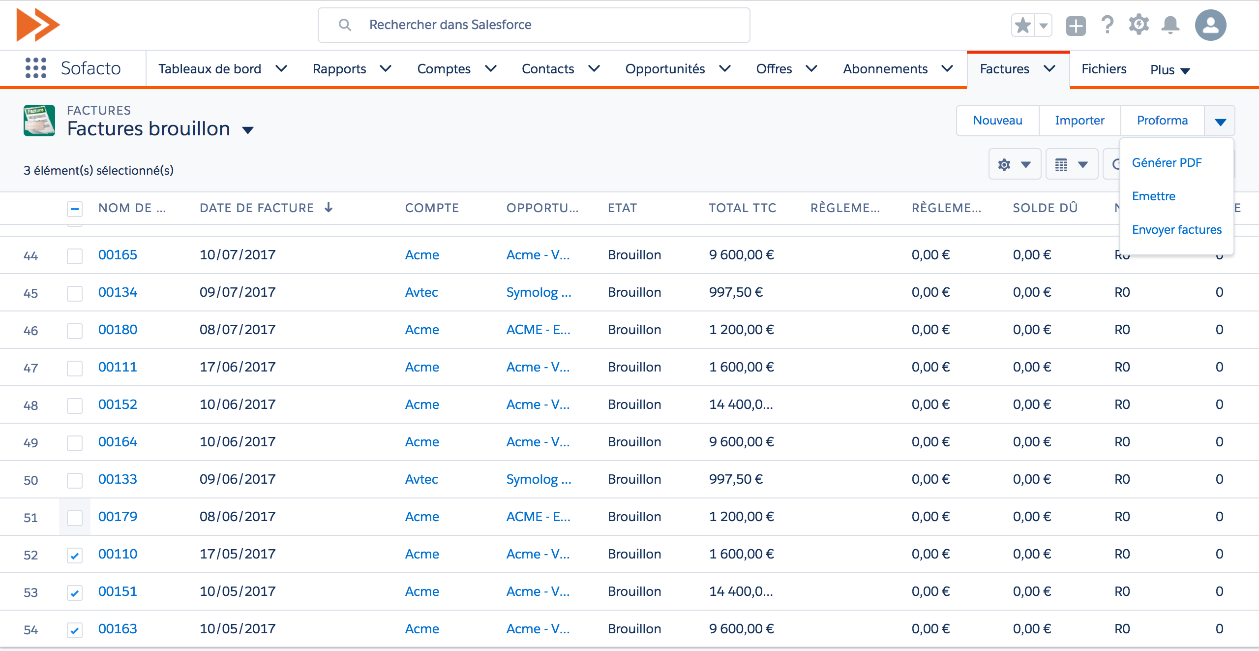 Billwerk+ CRM - Listview SOFACTO FACTURA