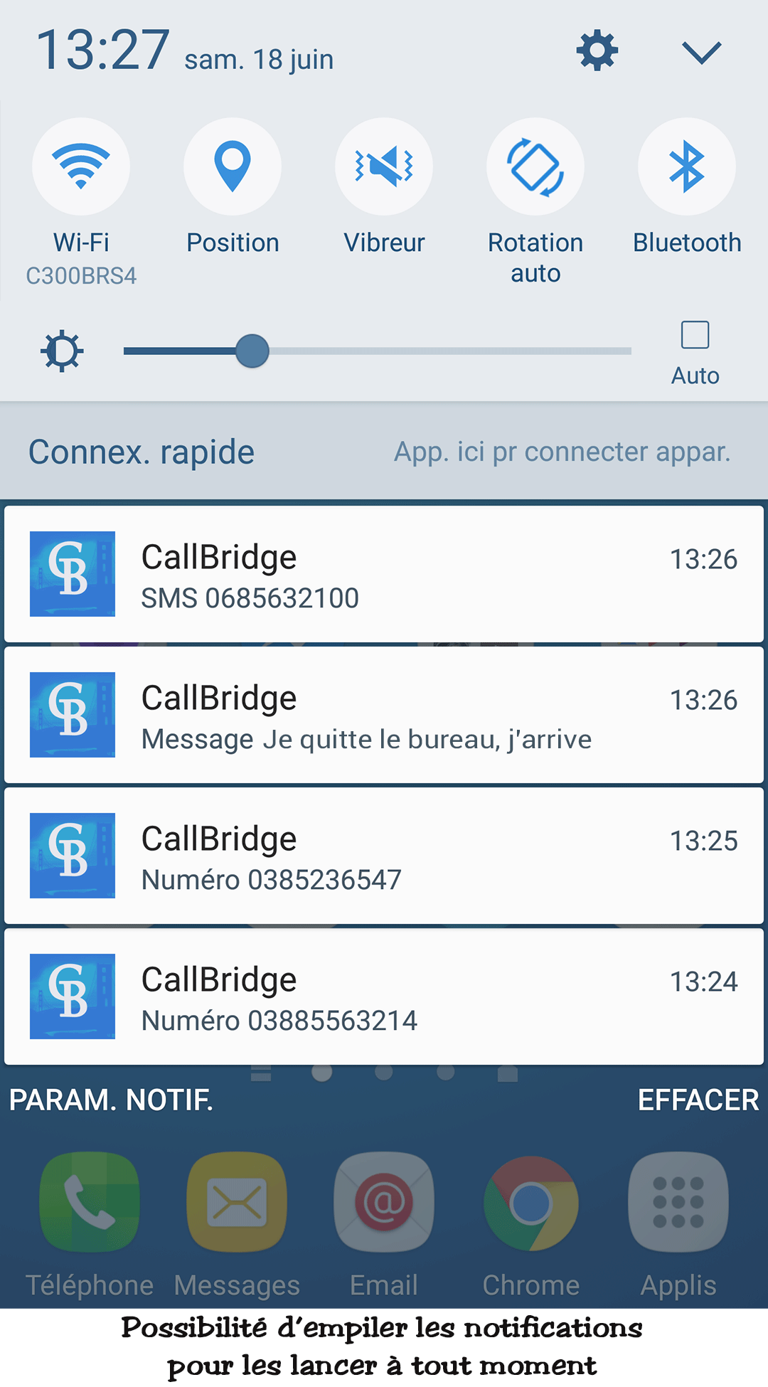 CallBridge Mobile - VOus lancez les appels/SMS immédiatement, ou les mettez dans la liste de notifications pour plus tard