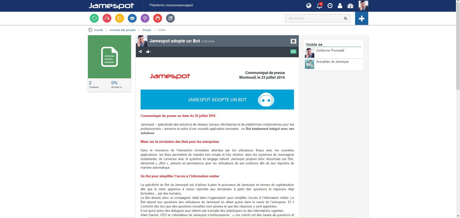 Jamespot - Il team di pubblica informazioni per i clienti (notizie, sviluppi, eventi). L'informazione è centralizzata in un settore: la CSR