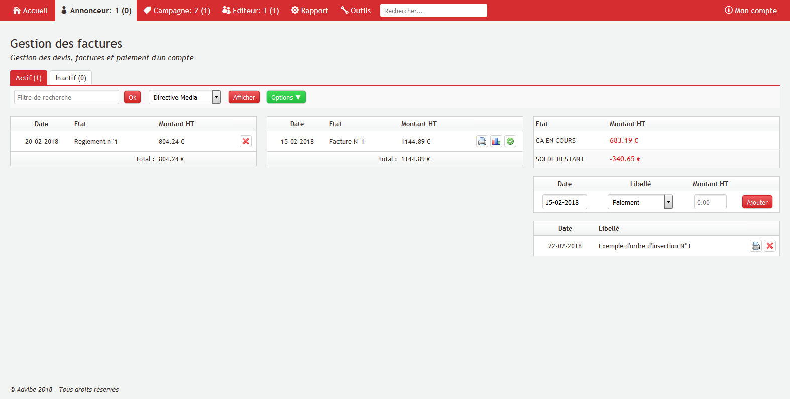 adVibe - gestione delle fatture