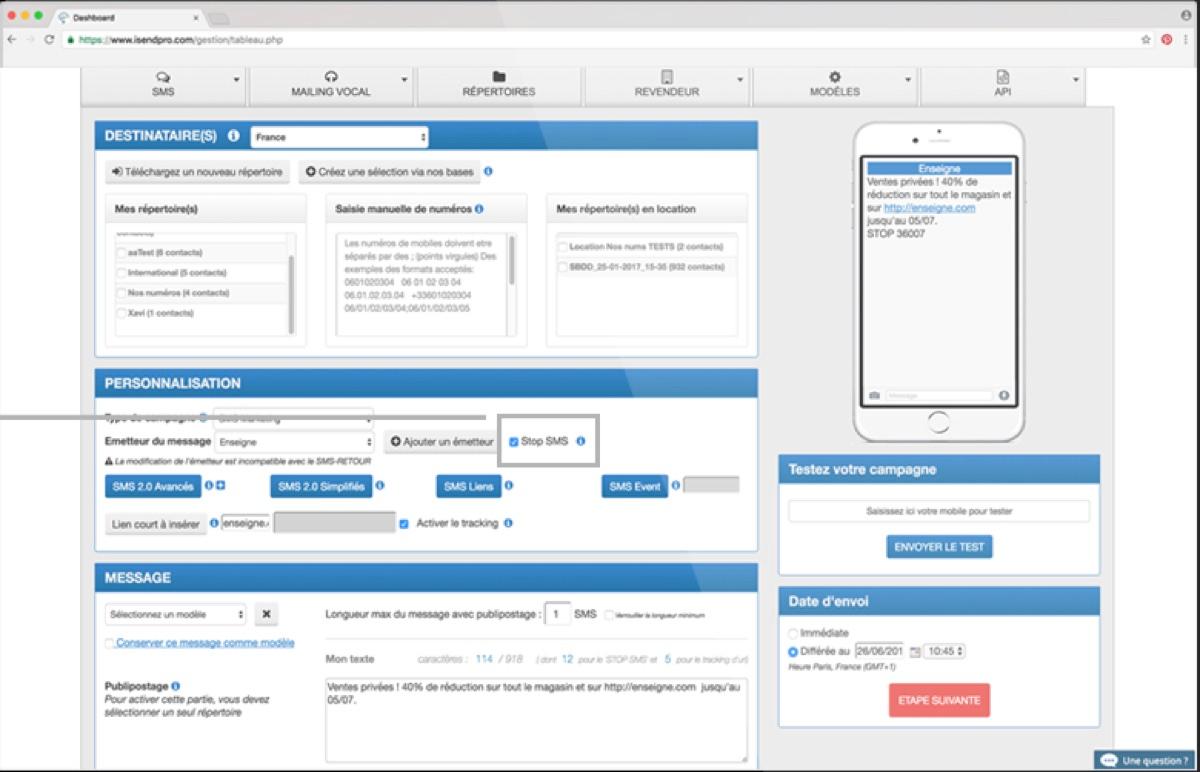 iSend Pro Telecom - iSend Pro: management of STOP function ""