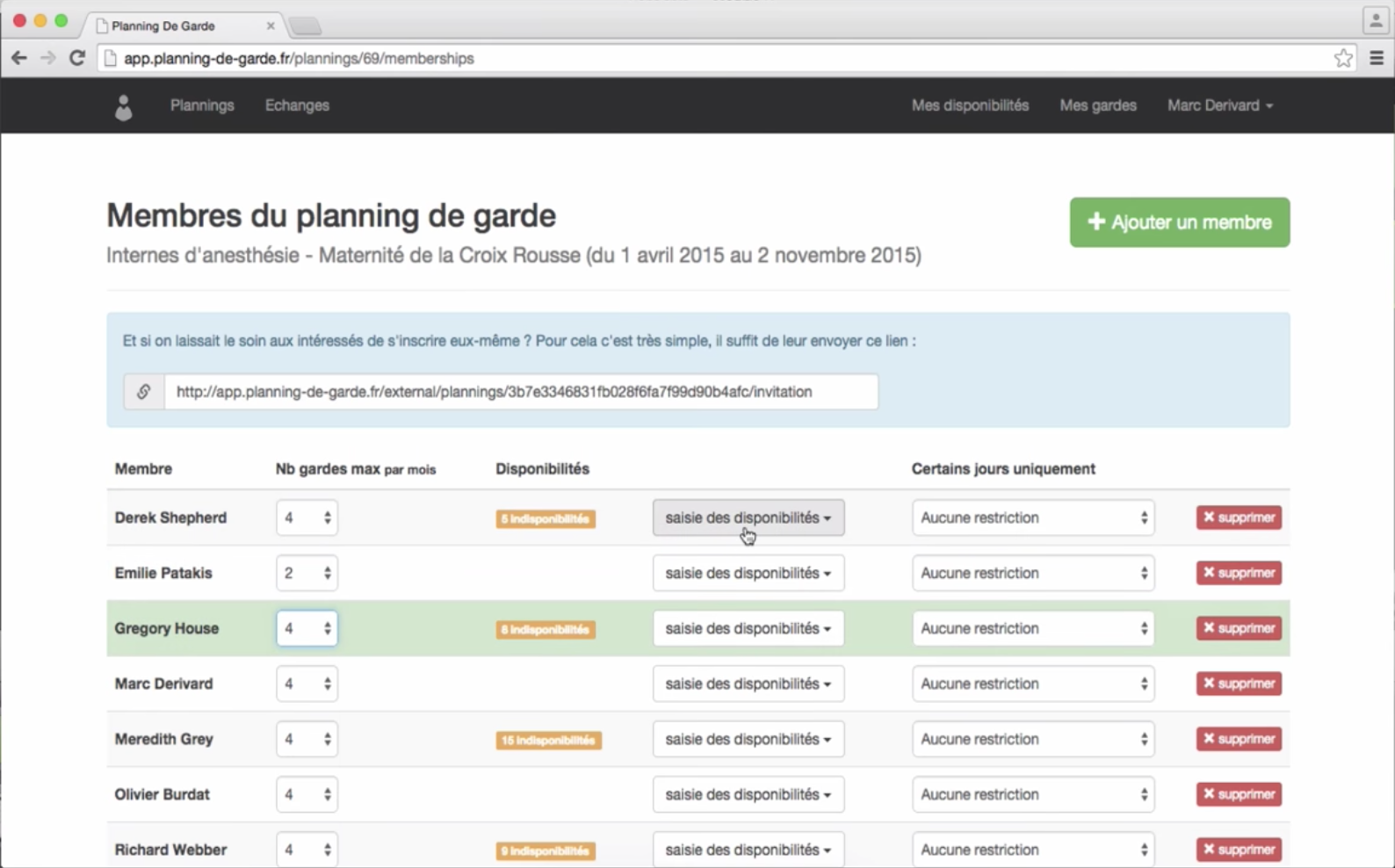 Planning de garde - guard Planning: members of the guard schedule