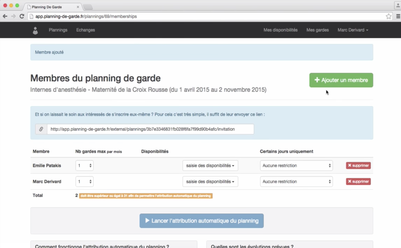 Planning de garde - care planning: start the automatic allocation schedule