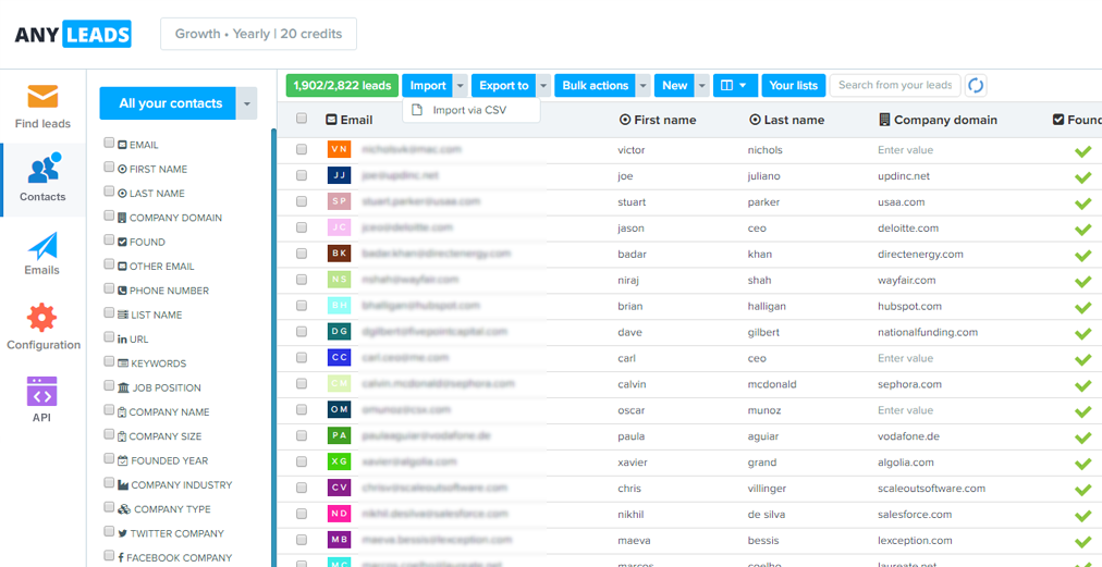 Anyleads - contact database with filter functions and tris on dozens of criteria