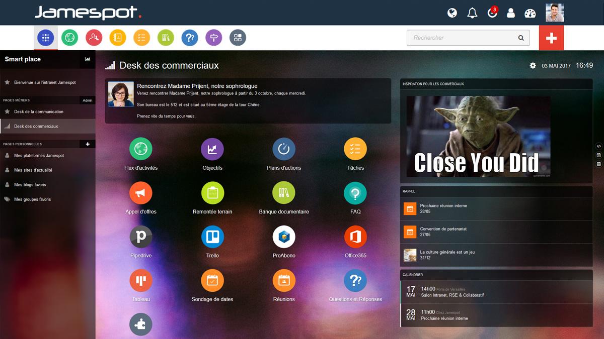 Jamespot Digital Workplace - Inteligentes widgets de interfaz Place, aplicaciones de negocios, etc.