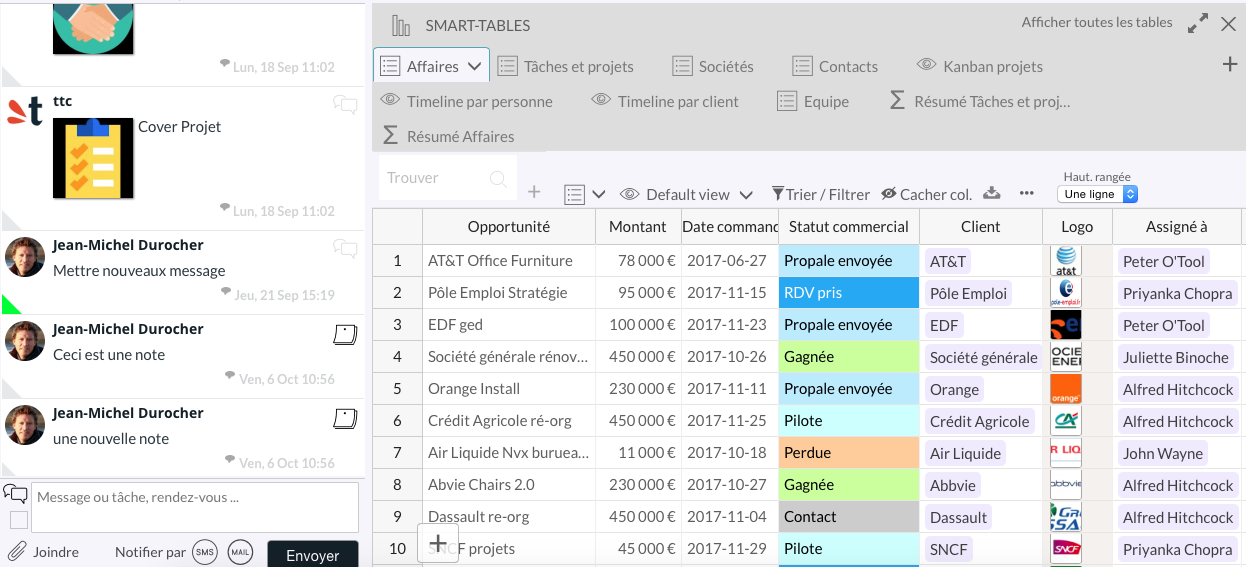 TimeTonic - Ver tabla: espacio de colaboración (SMS, correo electrónico, notificación de inserción) en el lado izquierdo y el lado derecho de la base de datos