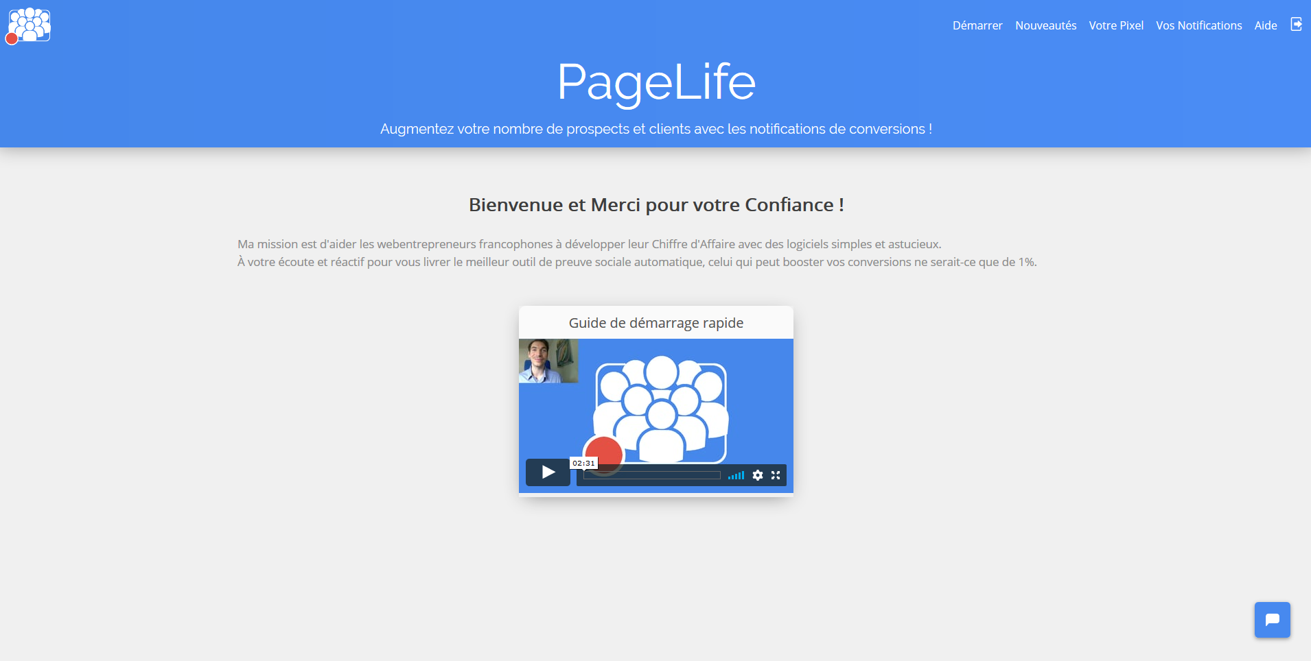 PageLife - interface home software PageLife antes de criar um primeiro comunicação da prova social