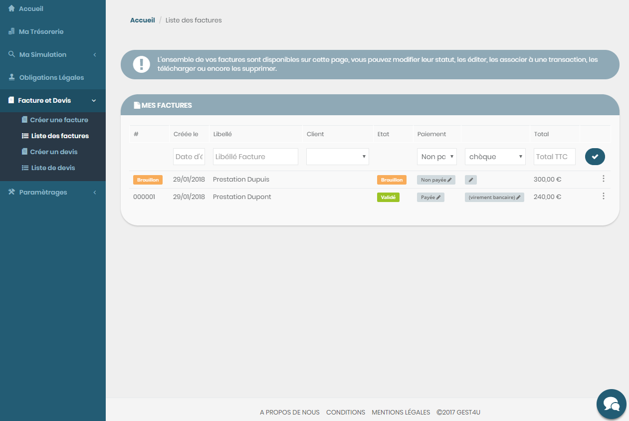 Gest4U - La lista de facturas le permite ver cuales fueron pagados e involucran una transacción.