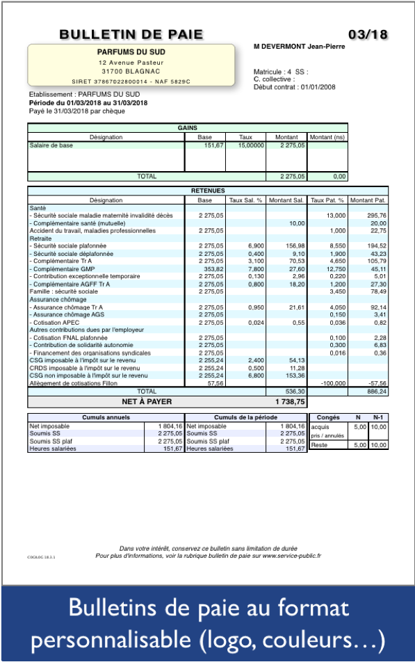 Cogilog Paye - Example of pay slip