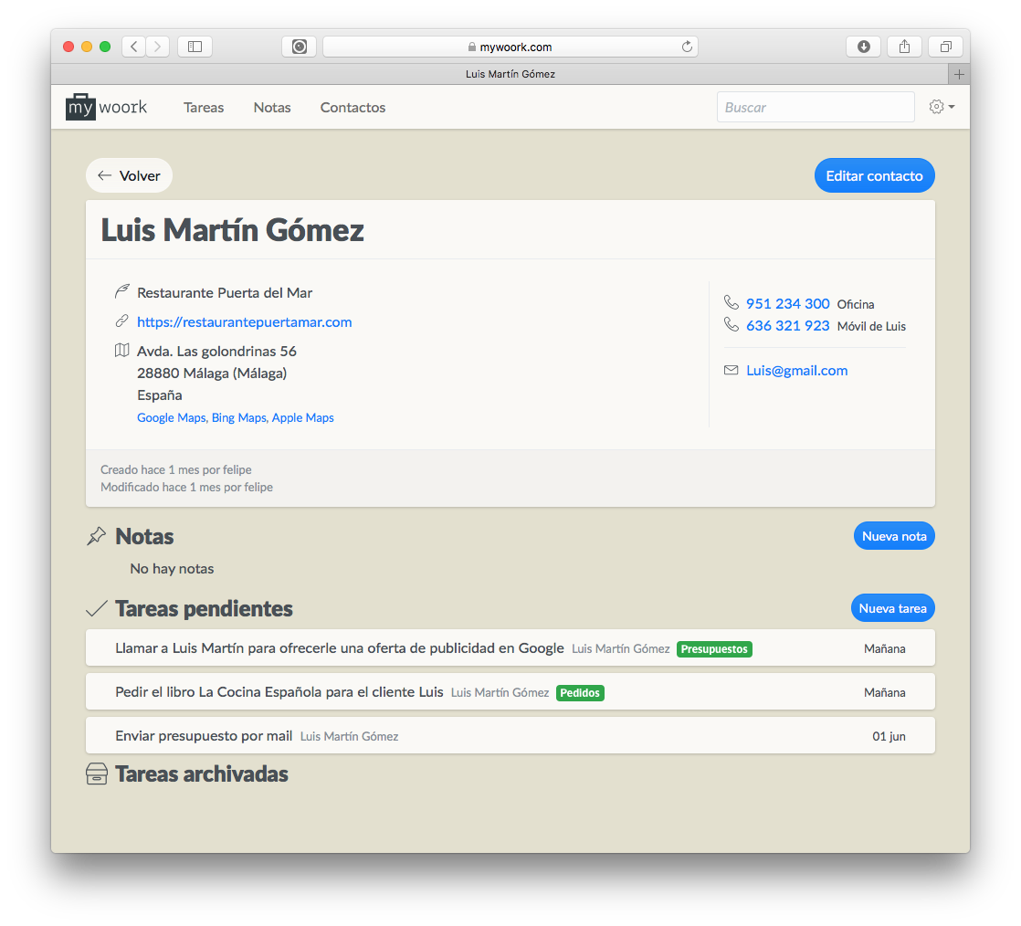 Mywoork - Tus contactos como clientes o proveedores con toda su información importante. Datos de contacto y tareas pendientes que realizar