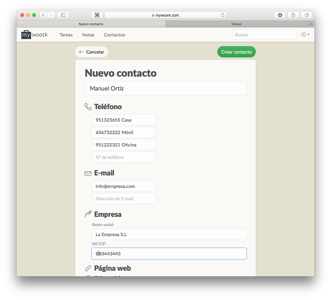 Mywoork - Crea ein rapidamente contacto con todo lujo de detalles