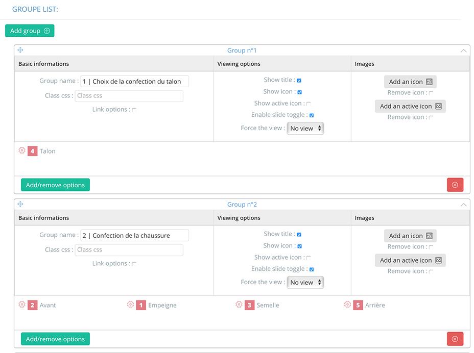 Predesire configurateur - Backoffice grupos de opções de gerenciamento