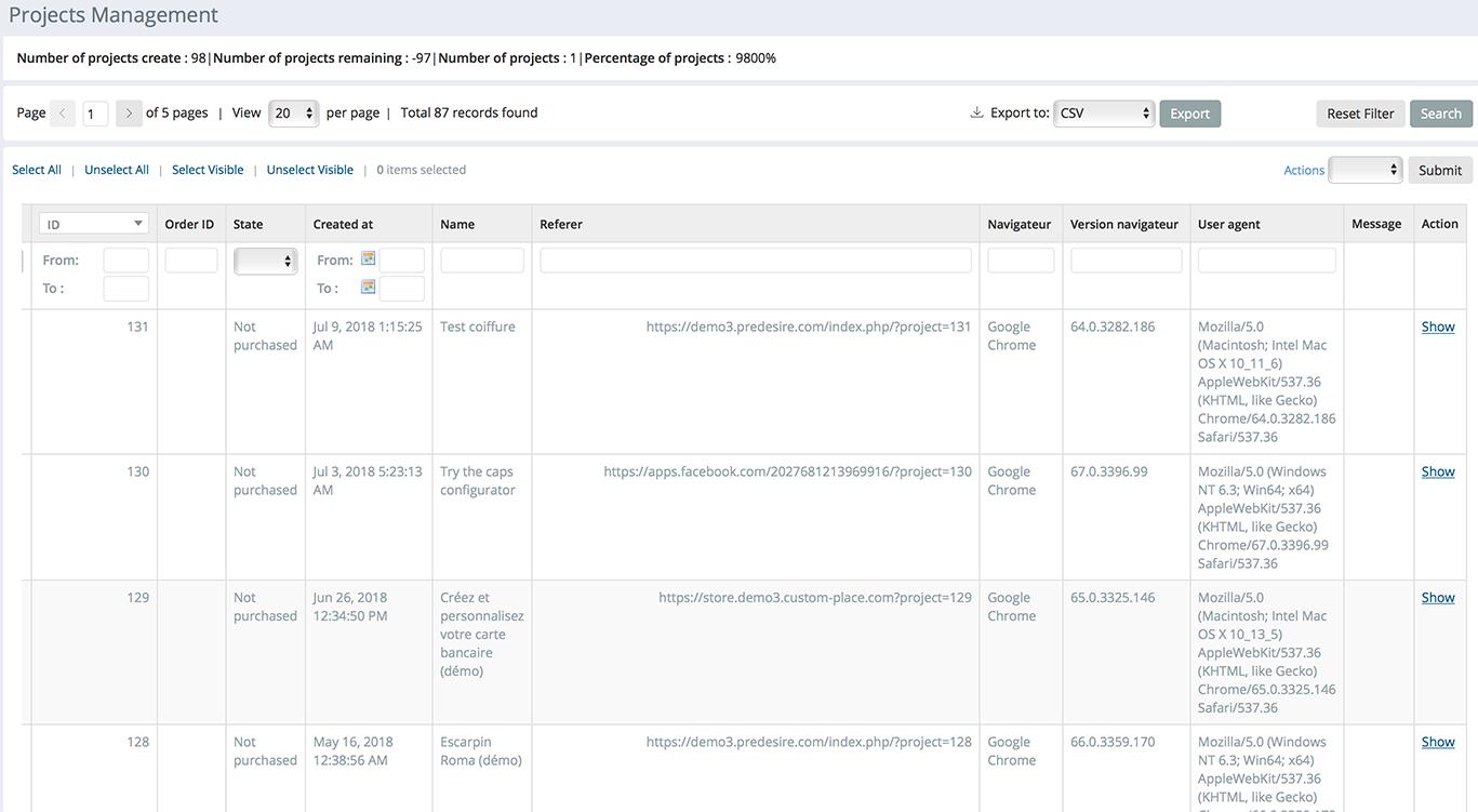 Predesire configurateur - Back Office: produtos Vista personalizadas e fontes de personalização (para pagar afiliadas)