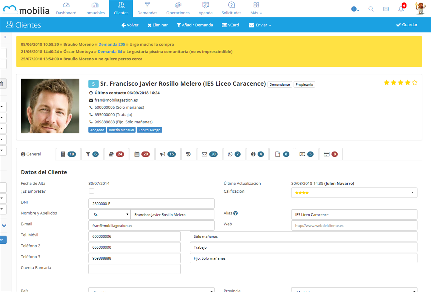 Mobilia Gestión CRM - Detalle de cliente con toda la información de seguimiento