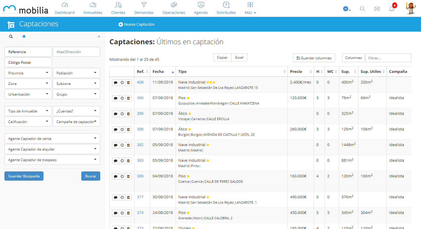 Mobilia Gestión CRM - Módulo específico de seguimiento de captaciones