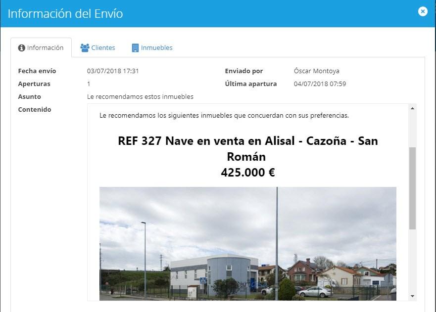 Mobilia Gestión CRM - Detalle de e-mail enviado con seguimiento de aperturas y clics por cliente e inmueble