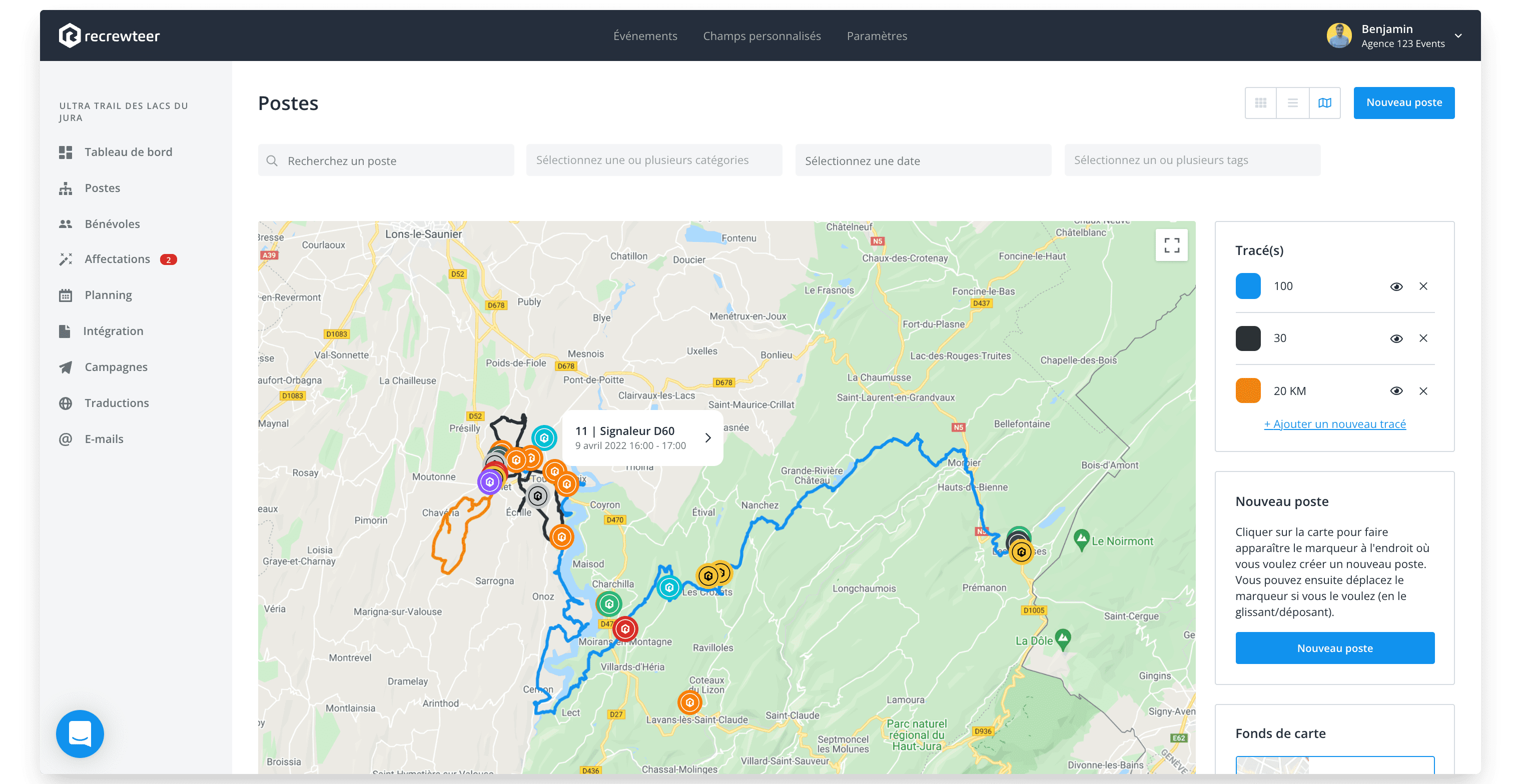 Recrewteer - Cartographie du dispositif bénévole. Visualiser l'ensemble de vos missions et de vos bénévoles sur une carte.