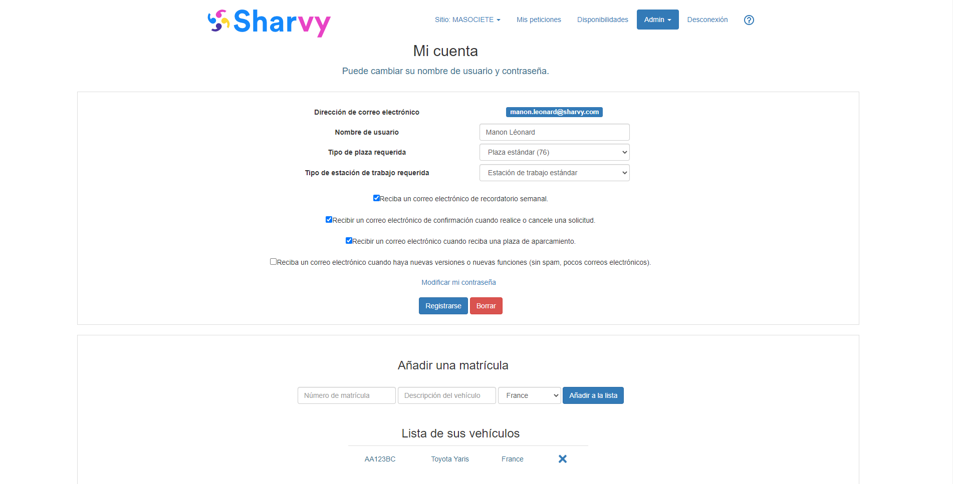 Sharvy - Página "Mi cuenta": configuración de su tipo de asiento, su vehículo, sus preferencias...