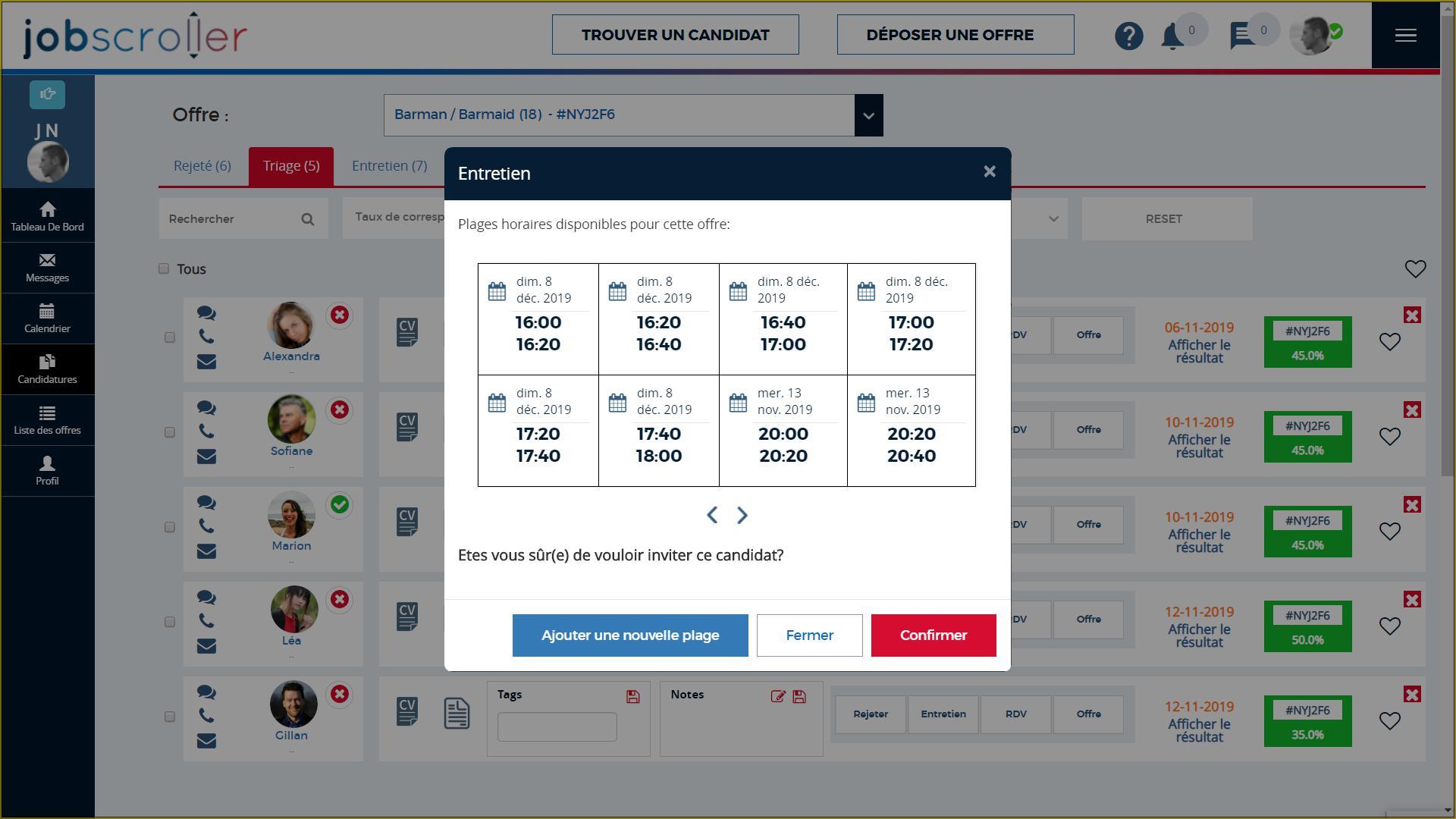 Jobscroller - Envoi de plages horaires au candidat