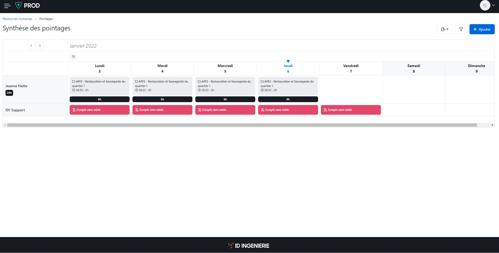 PROD-UP - Vue hebdomadaire du pointage