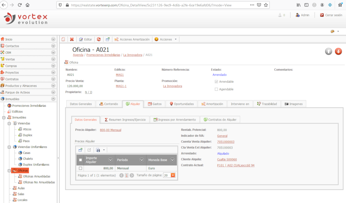 VortexERP - Detalle de inmueble versión web cloud