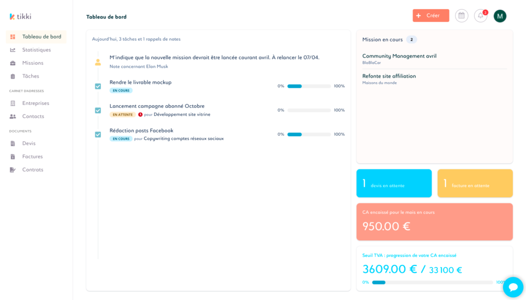 tikki.io - Un tableau de bord pour suivre l'avancée de ses missions, ses tâche en cours mais également ses devis, factures et son chiffre d'affaires