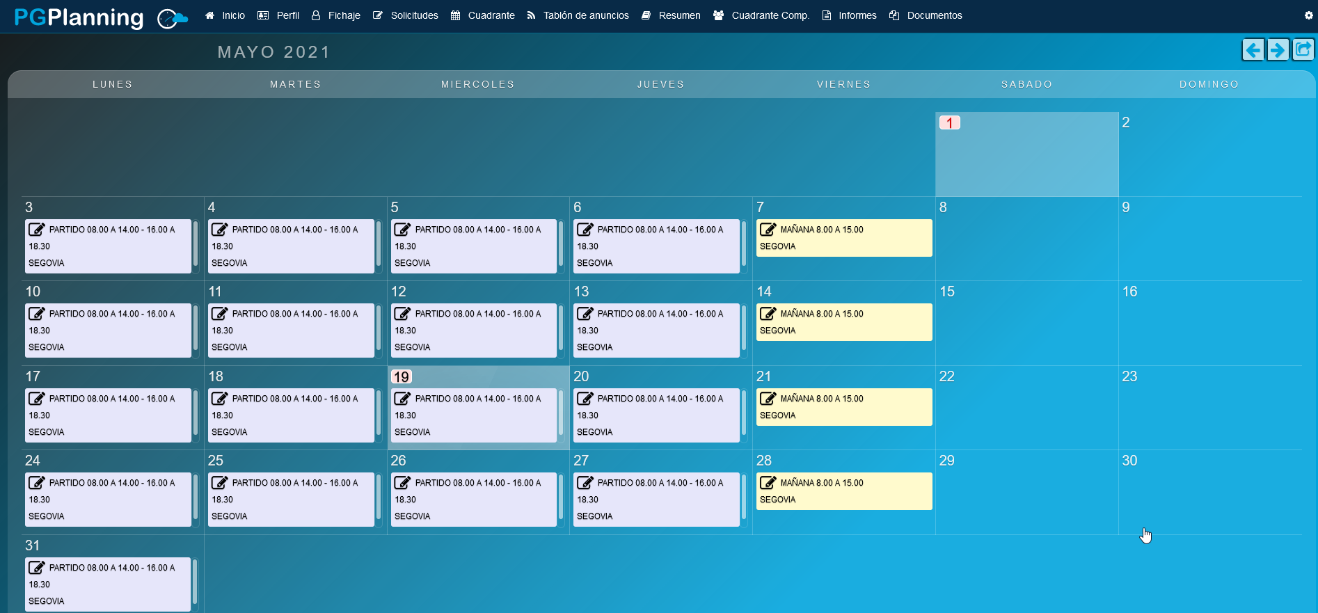 PGPlanning - Ejemplo de cuadrante visto desde el portal.