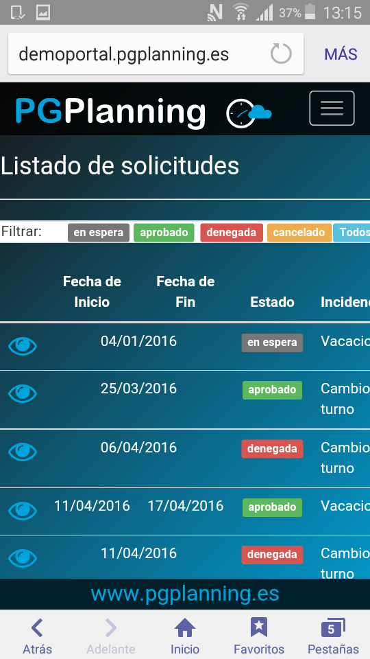 PGPlanning - Ejemplo de solicitudes desde el portal del empleado.