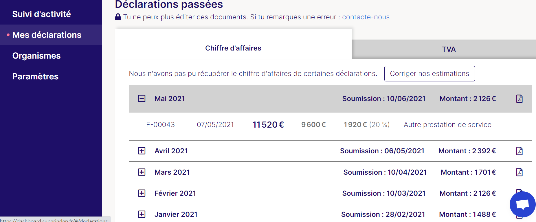 Superindep.fr - Visualisation des déclarations passées