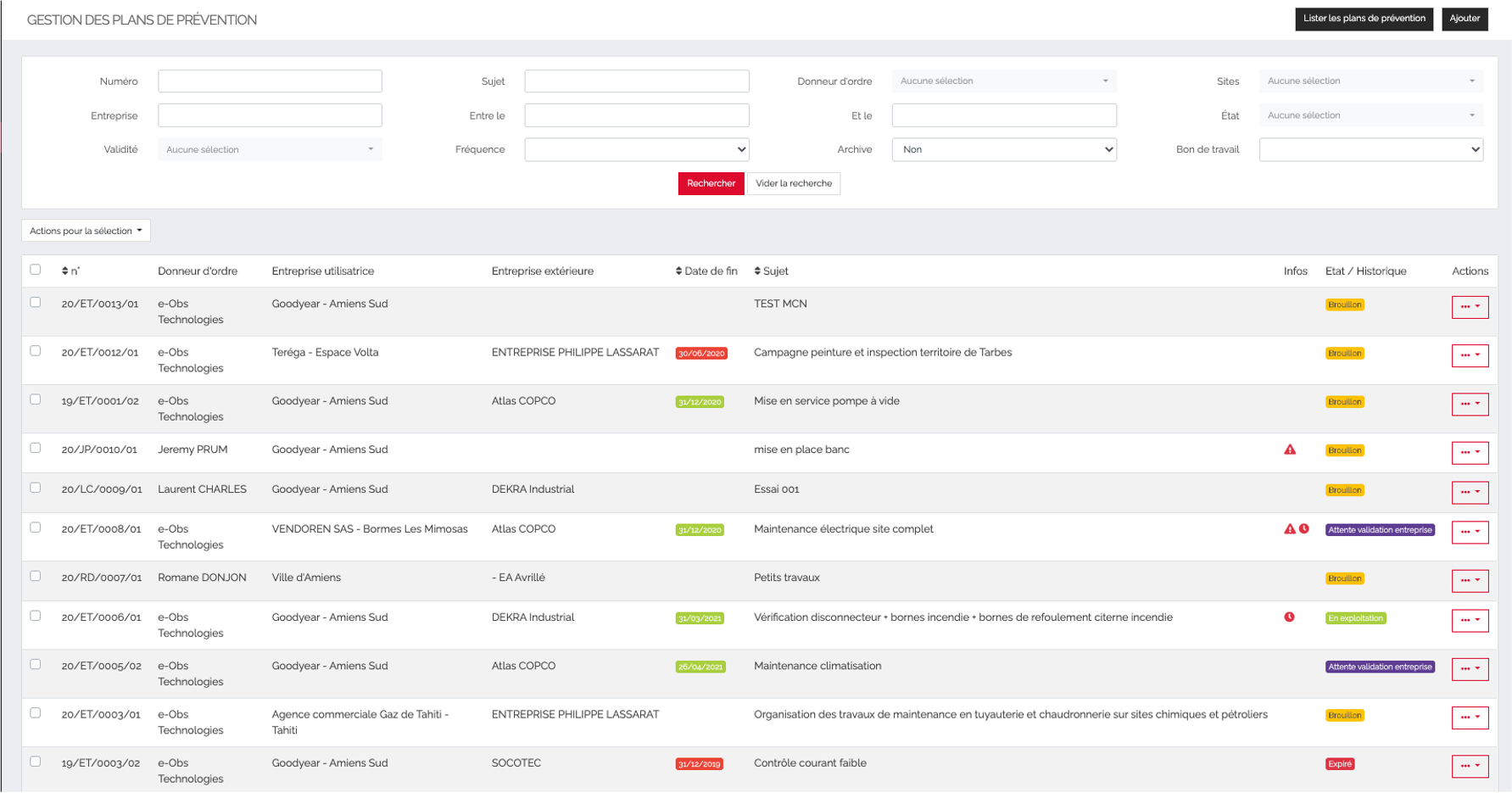 MemoryFlow logiciel QHSE - PDP - Listing des plans, filtres et recherche