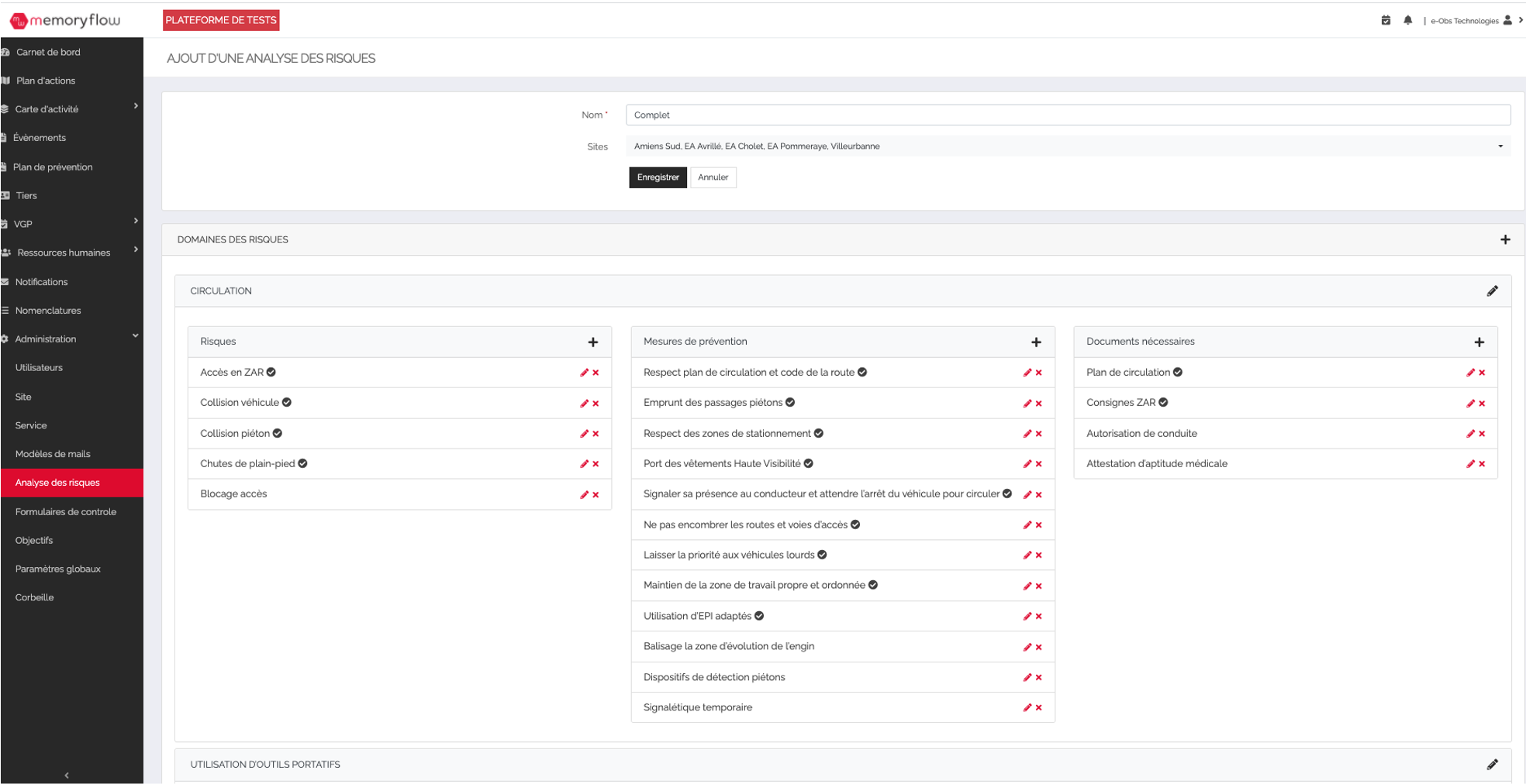 MemoryFlow logiciel QHSE - Administration - Gestion des analyses de risque