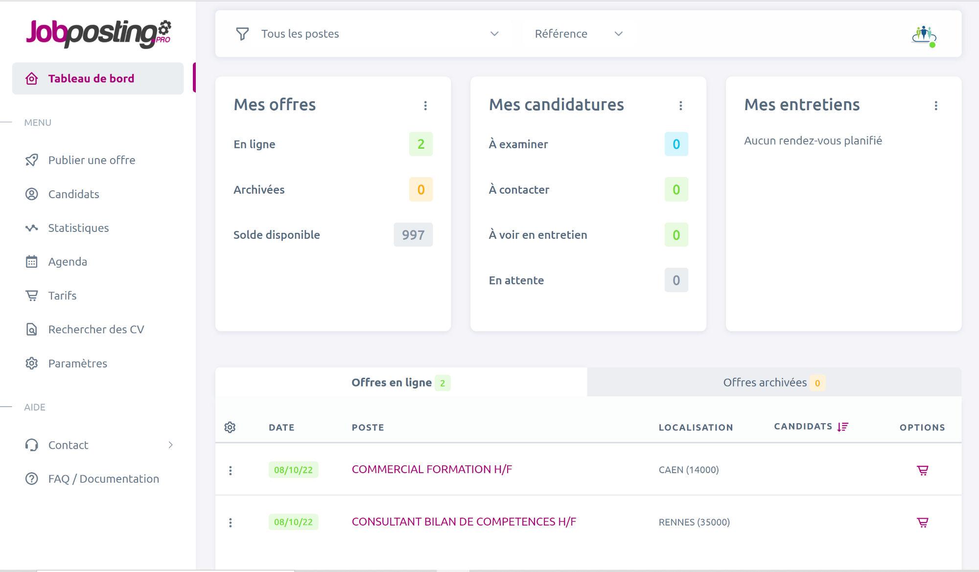 Jobposting.pro - jobposting dashboard Tableau de Bord