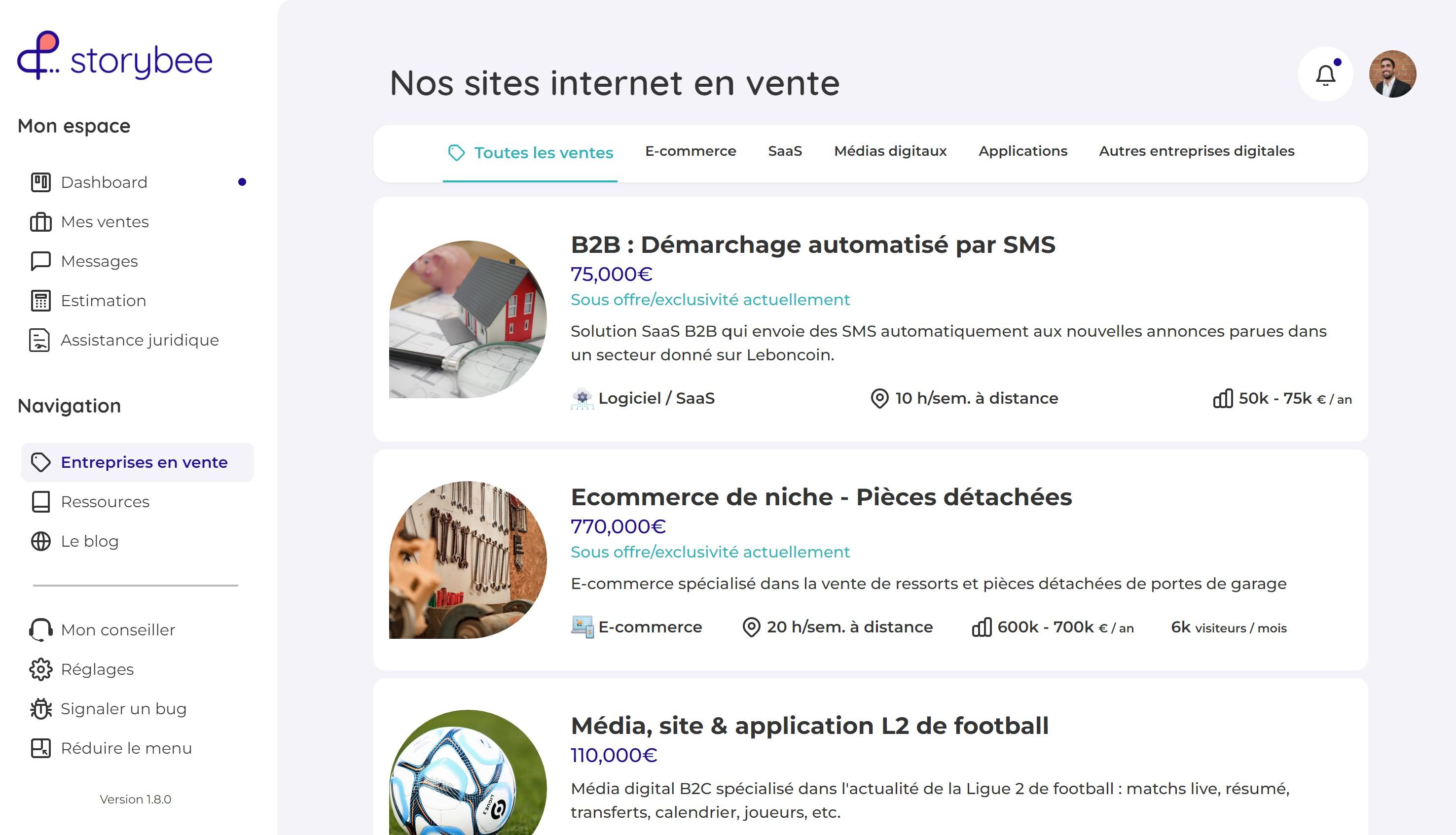 Storybee - Liste des entreprises digitales en vente