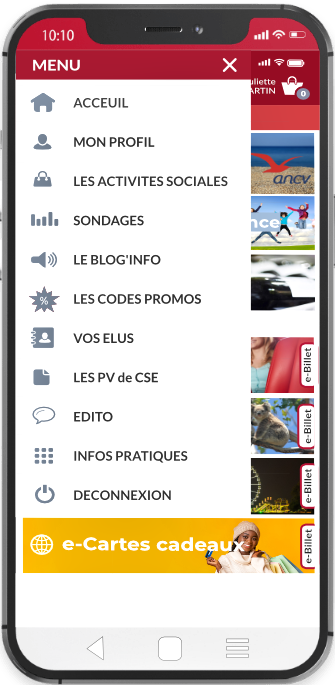 Ekipea - Ecran d'accueil et menu de l'application mobile PocKet'CE