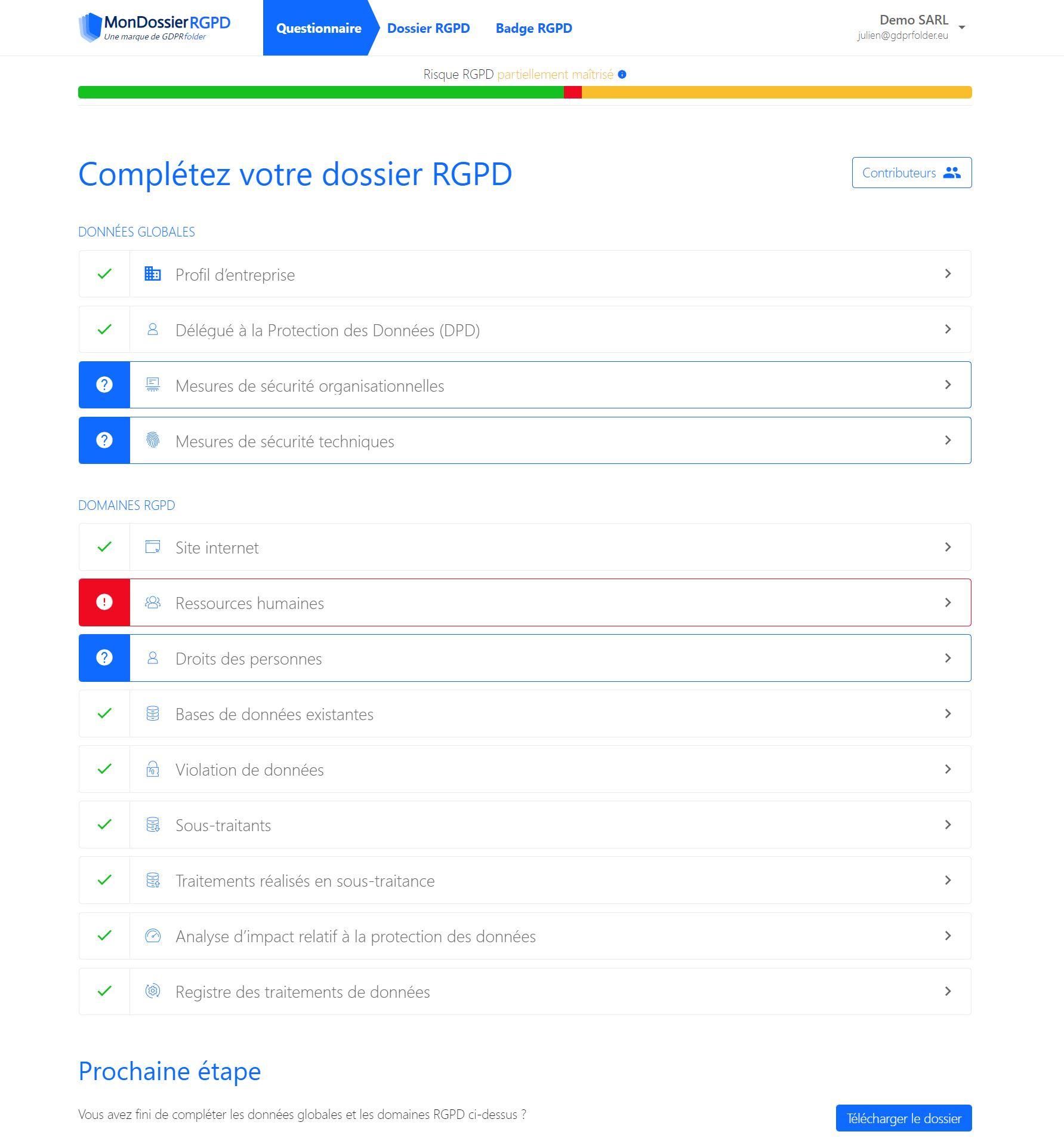 GDPR Folder - Aperçu des rubriques du questionnaire