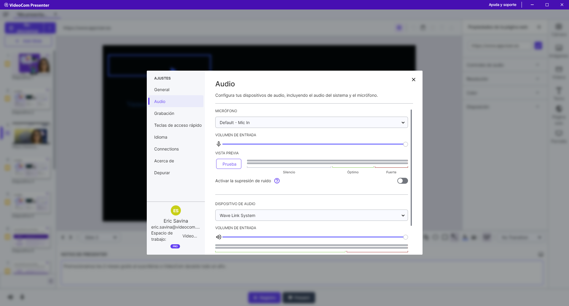 VideoCom Presenter - Utiliza las opciones de configuración para hacer un mejor vídeo.