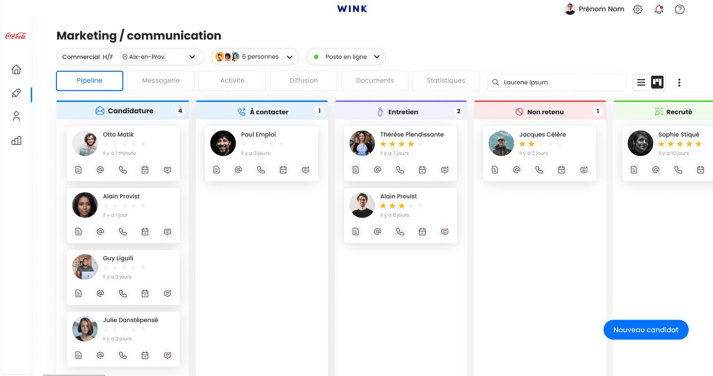 Wink - Une expérience recrutement améliorée !
Faites avancer vos candidats dans les différentes étapes de votre tableau kanban !