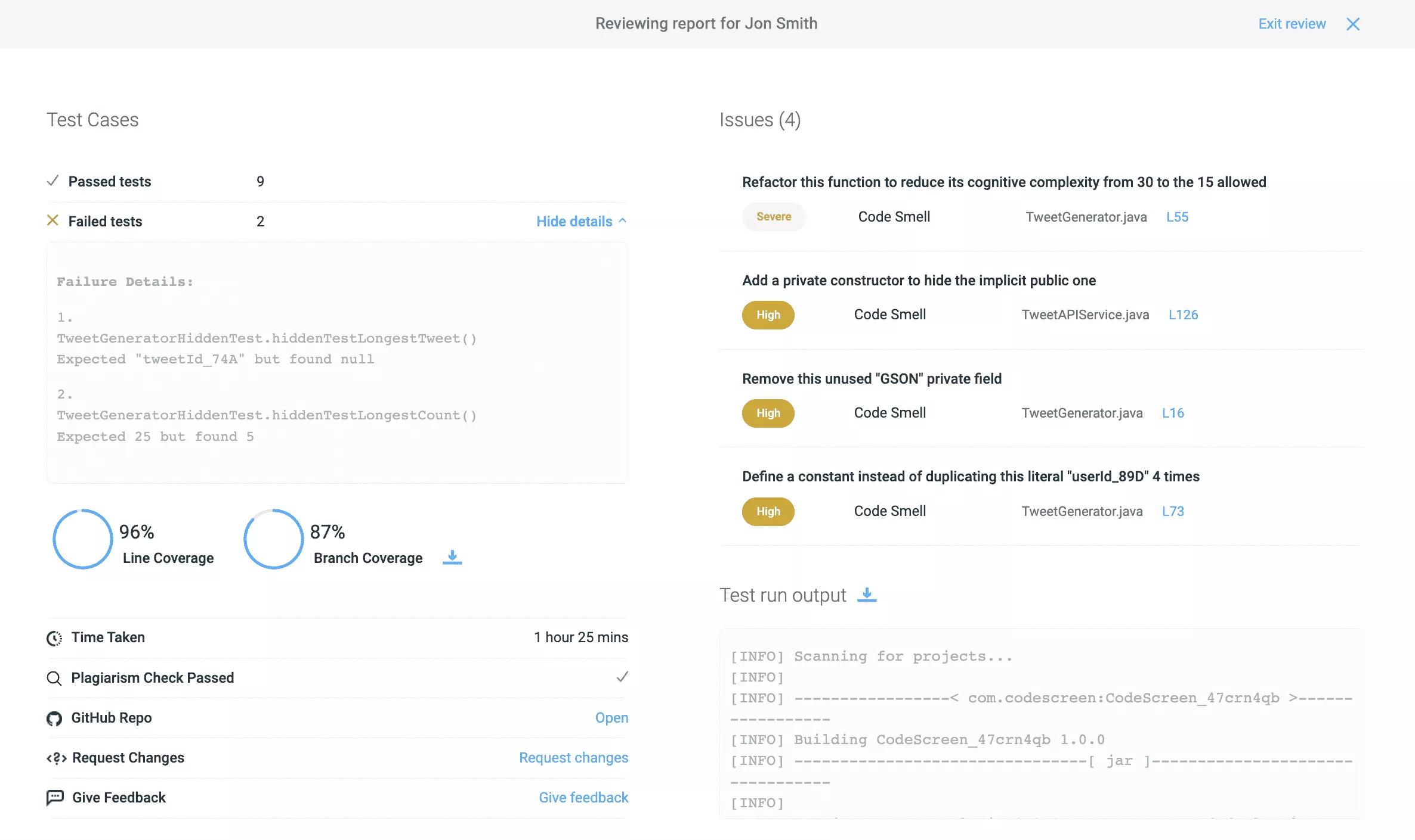 CodeScreen - KanddidatInnen Analyse-Bericht: Detaillierter Analyse-Bericht über die einzelne Leistung der KandidatInnen.