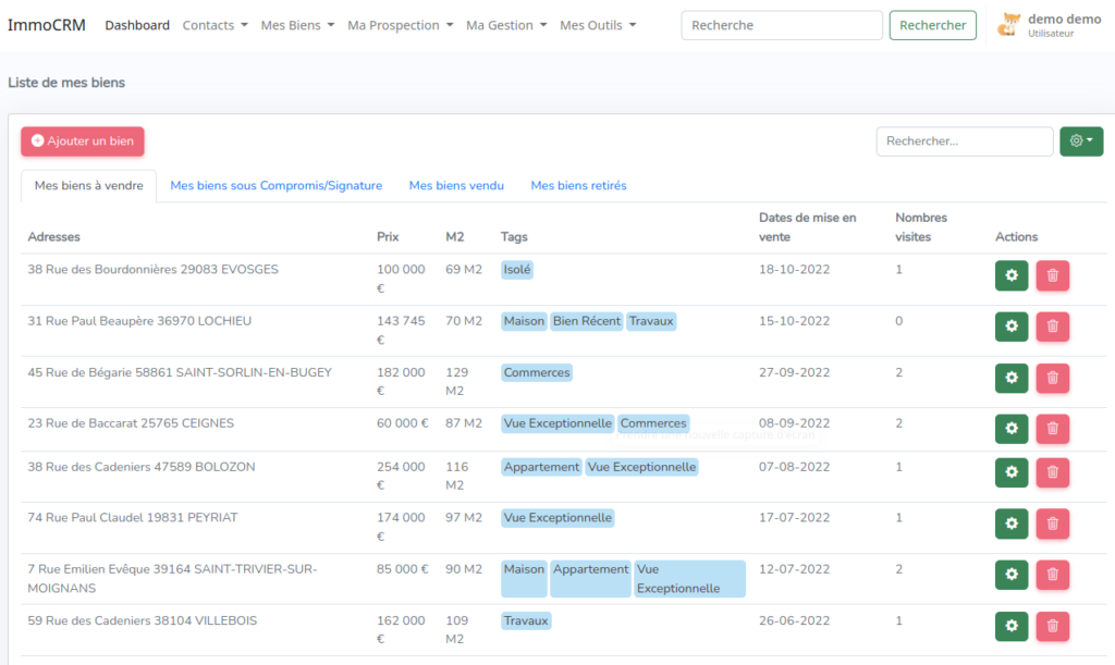 IMMOCRM - Liste des biens