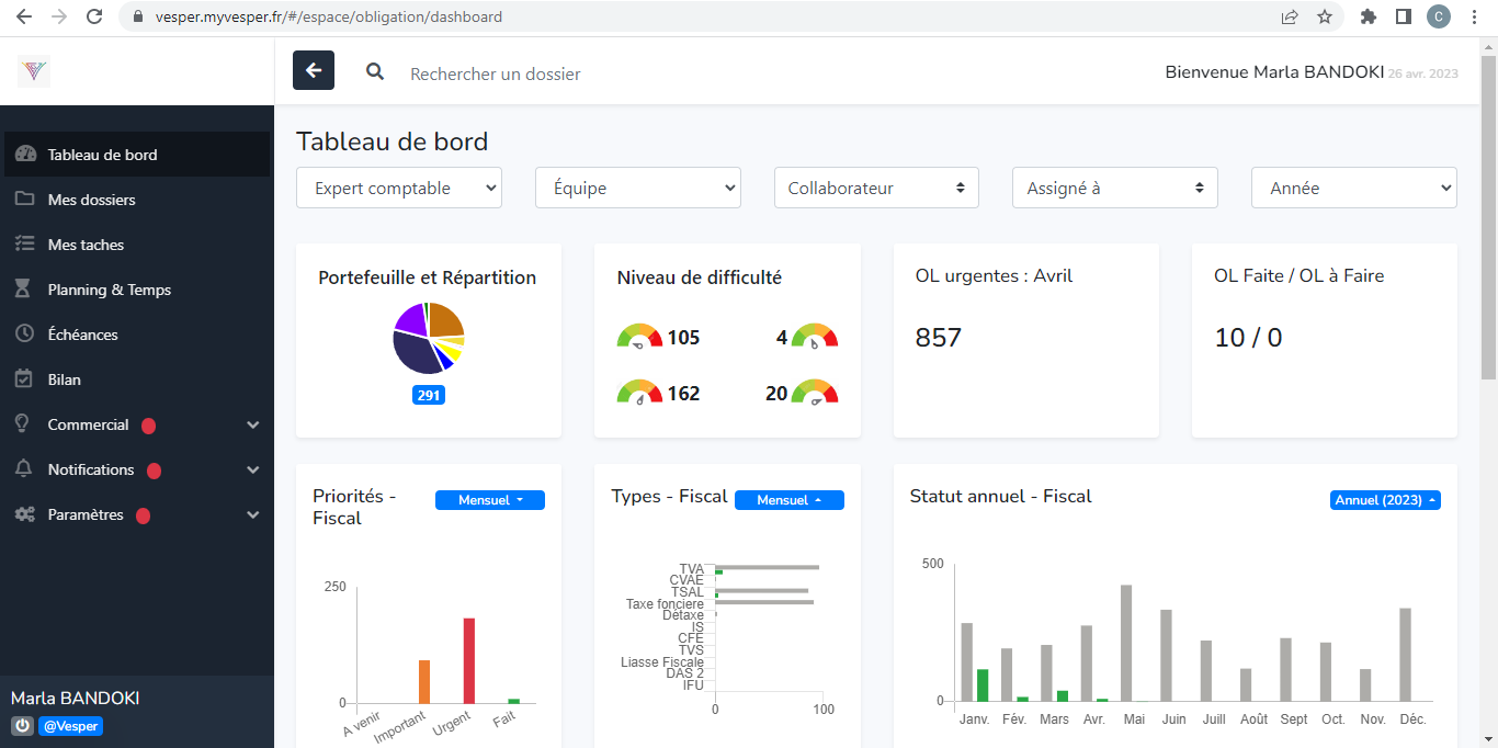 Vesper - Le tableau de bord vous permet de voir en un coup d'œil tout ce qui se passe sur votre compte Vesper. Il vous offre une vision claire et concise de toutes les actions effectuées et des contenus disponibles.