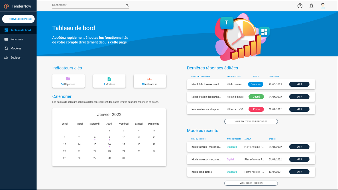 TenderNow - Tableau de bord et de pilotage de votre solution de réponse aux appel d'offres.