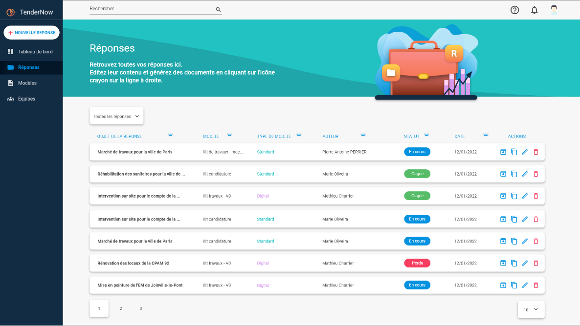 TenderNow - Etat de vos réponses aux appels d'offres.