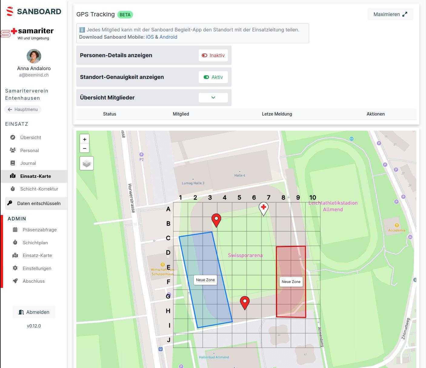 Sanboard - Einsatzkarte und Lageplan für das GPS Tracking der Mitarbeitenden