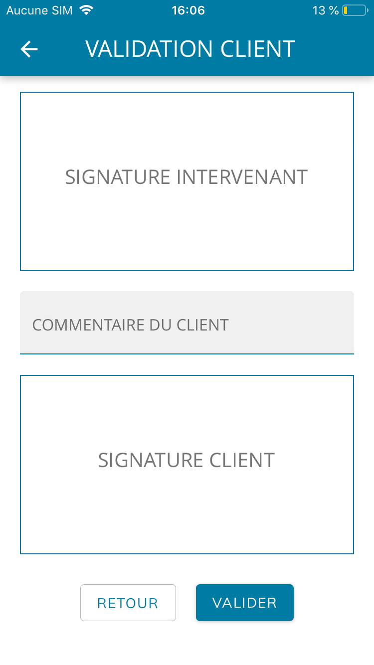 Tech Report - Vue de la fonctionnalité de signature électronique pour le technicien et le client.