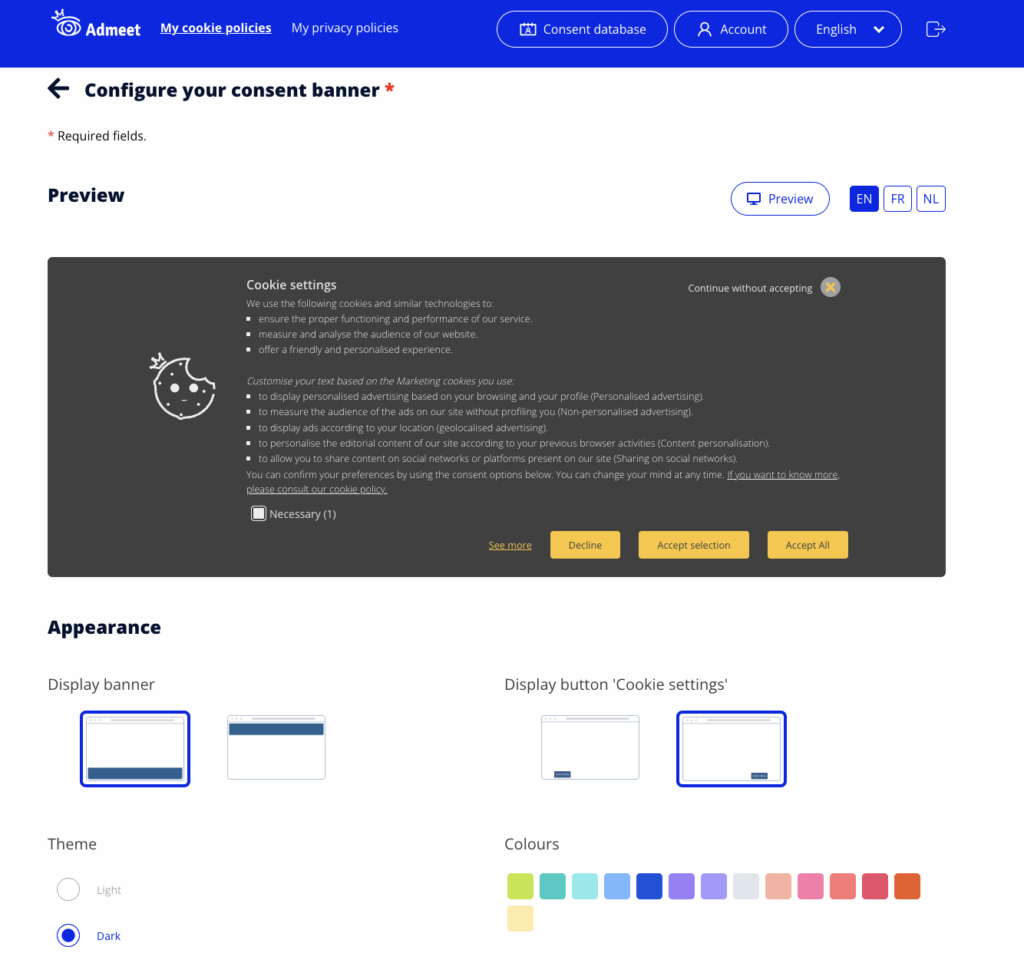 Admeet - Personnalisation de la bannière cookies