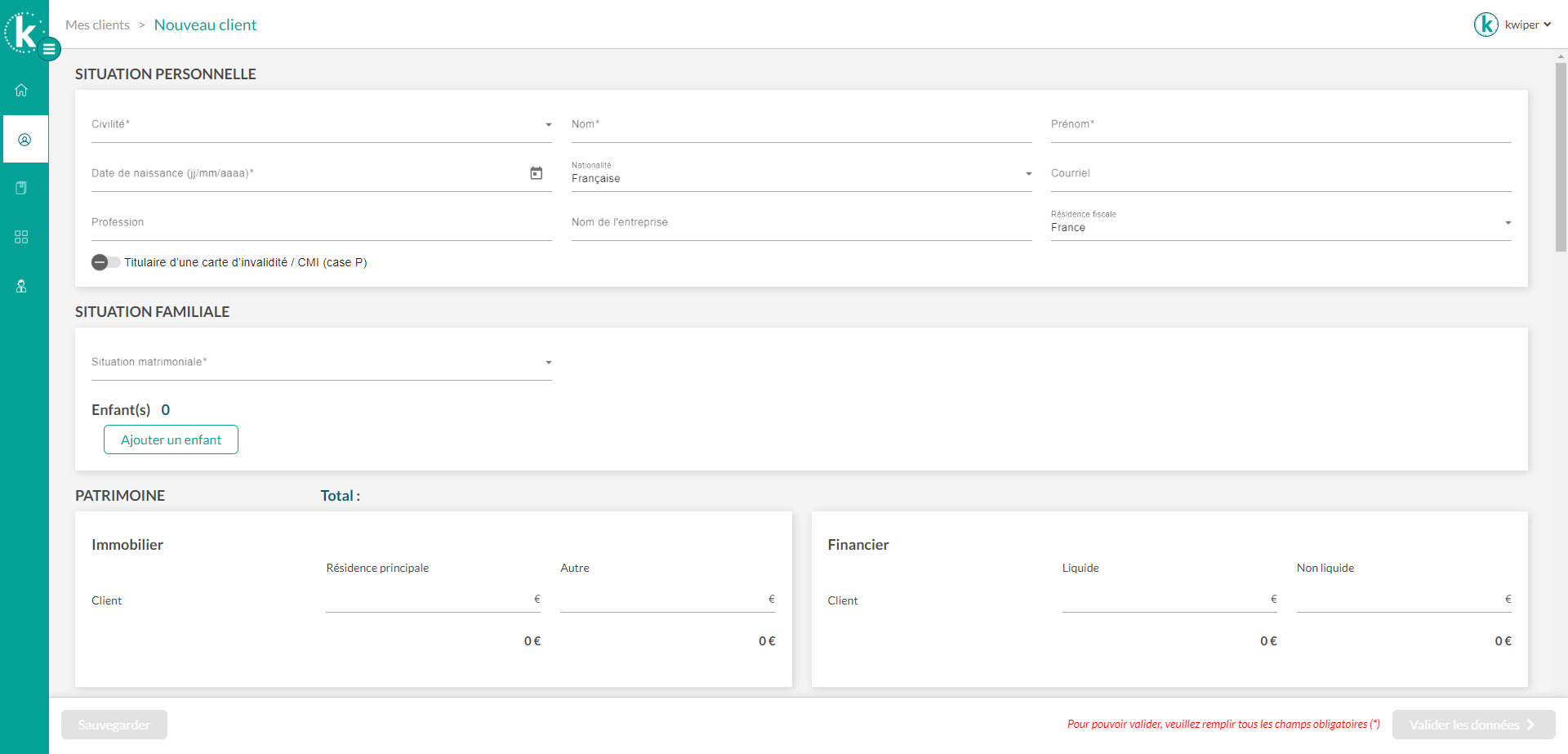 Kwiper - Données client à renseigner