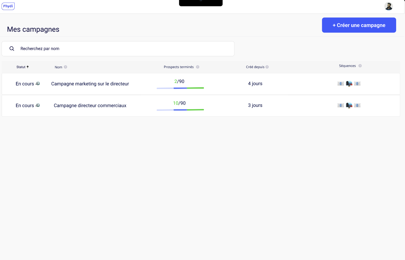 Phydi - Ecran pour retrouver ses campagnes