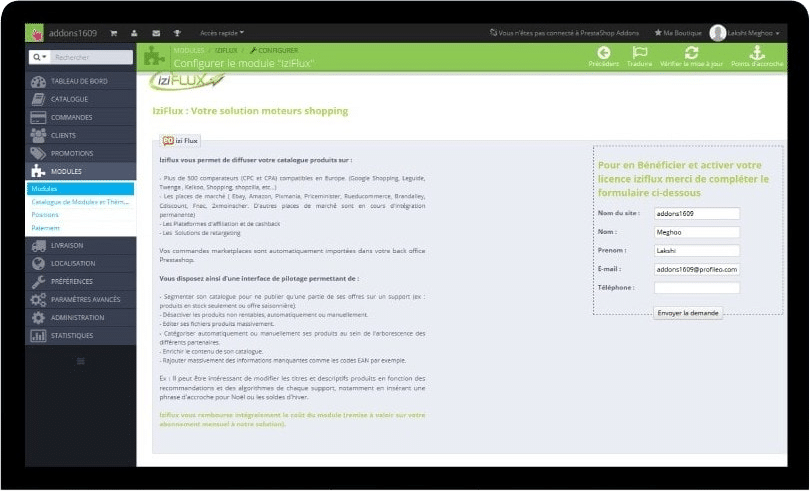 Iziflux - Guidare tutte le tue attività direttamente dal vostro ufficio PrestaShop indietro con modulo Iziflux.