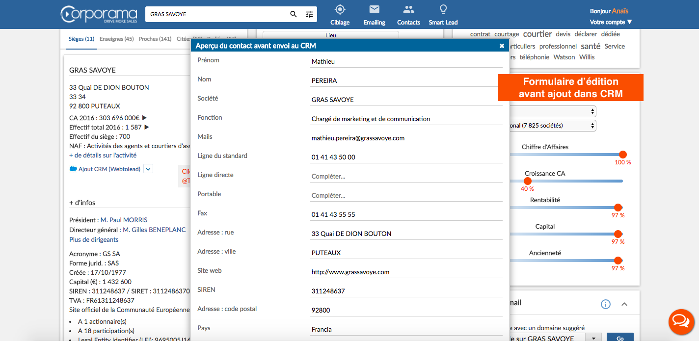 Corporama - formulario de edición con la adición en su CRM